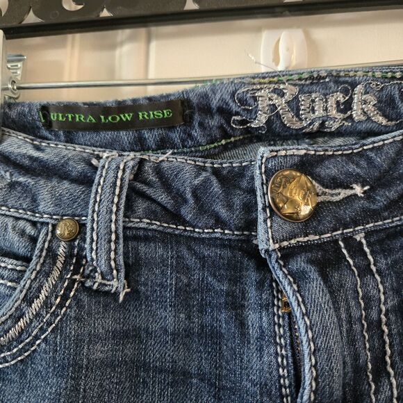 Wrangler Rock Jeans Women Size 1X34 Ultra Low Rise Bootcut Denim Distressed Y2K - Picture 5 of 8